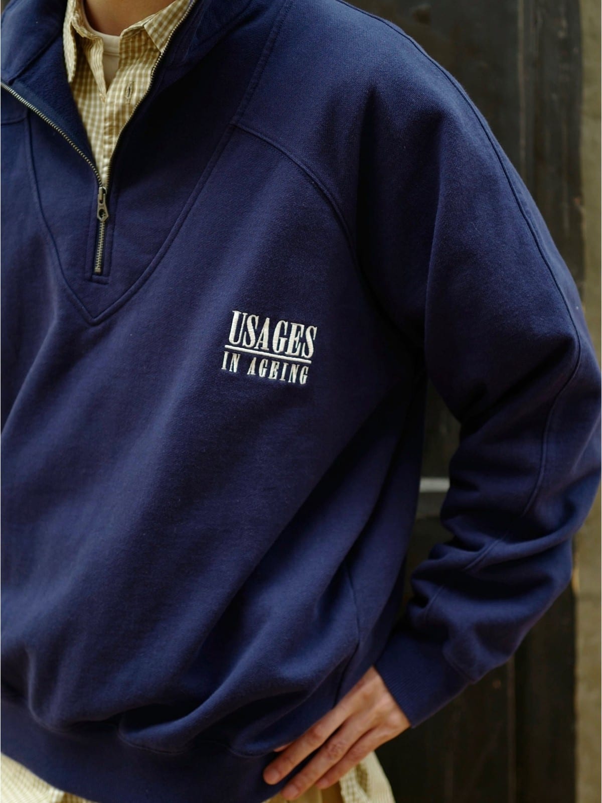 USAGE Heavyweight Cotton Half Zip Sweatshirt in Navy Blue - On Model