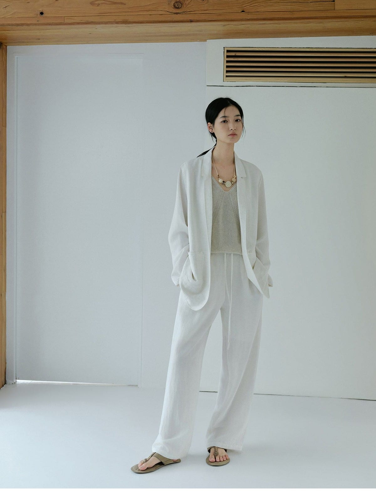 TEASEL Lyocell Blend Blazer Trouser Set in White - On Female Model