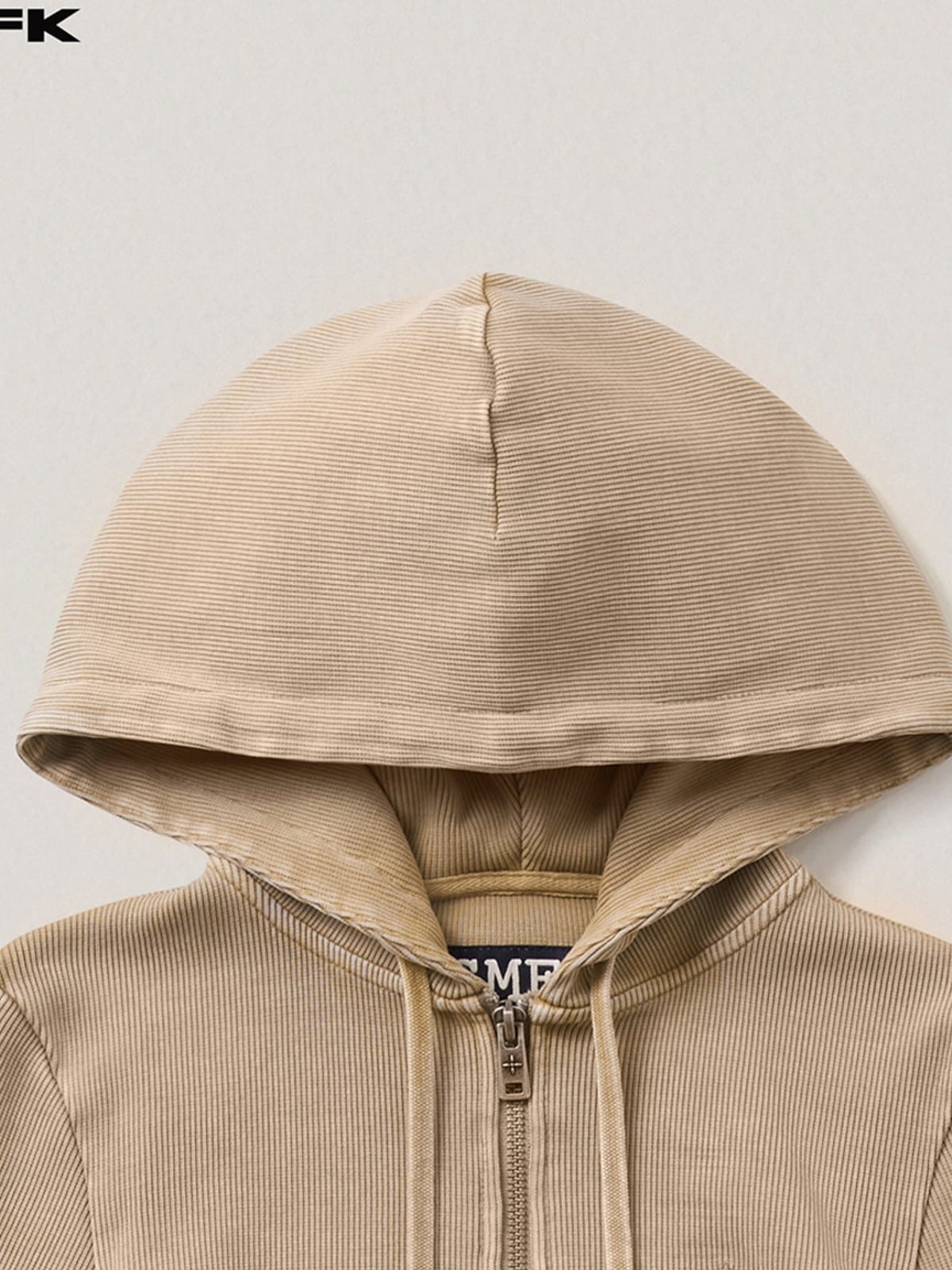 SMFK Washed Ribbed Zip Up Hoodie in Beige - Detail