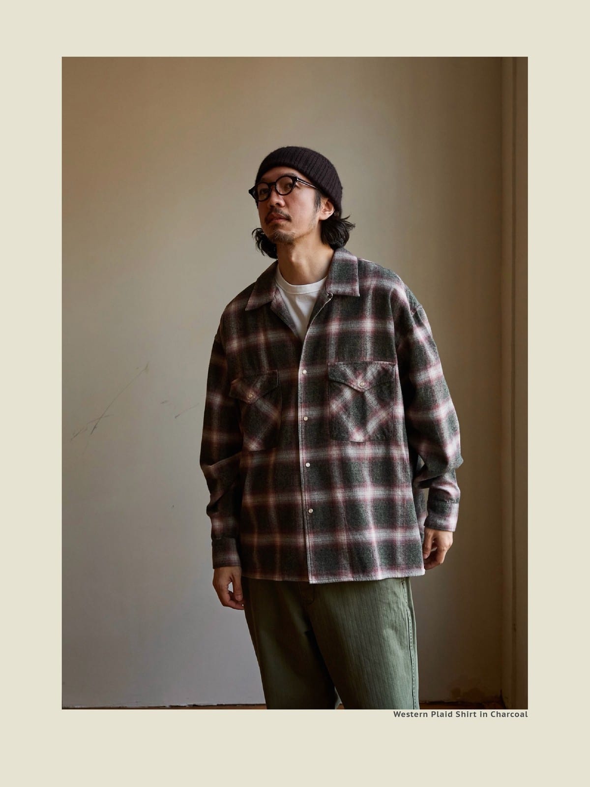 USAGE Brushed Plaid Western Shirt in Olive - On Male Model