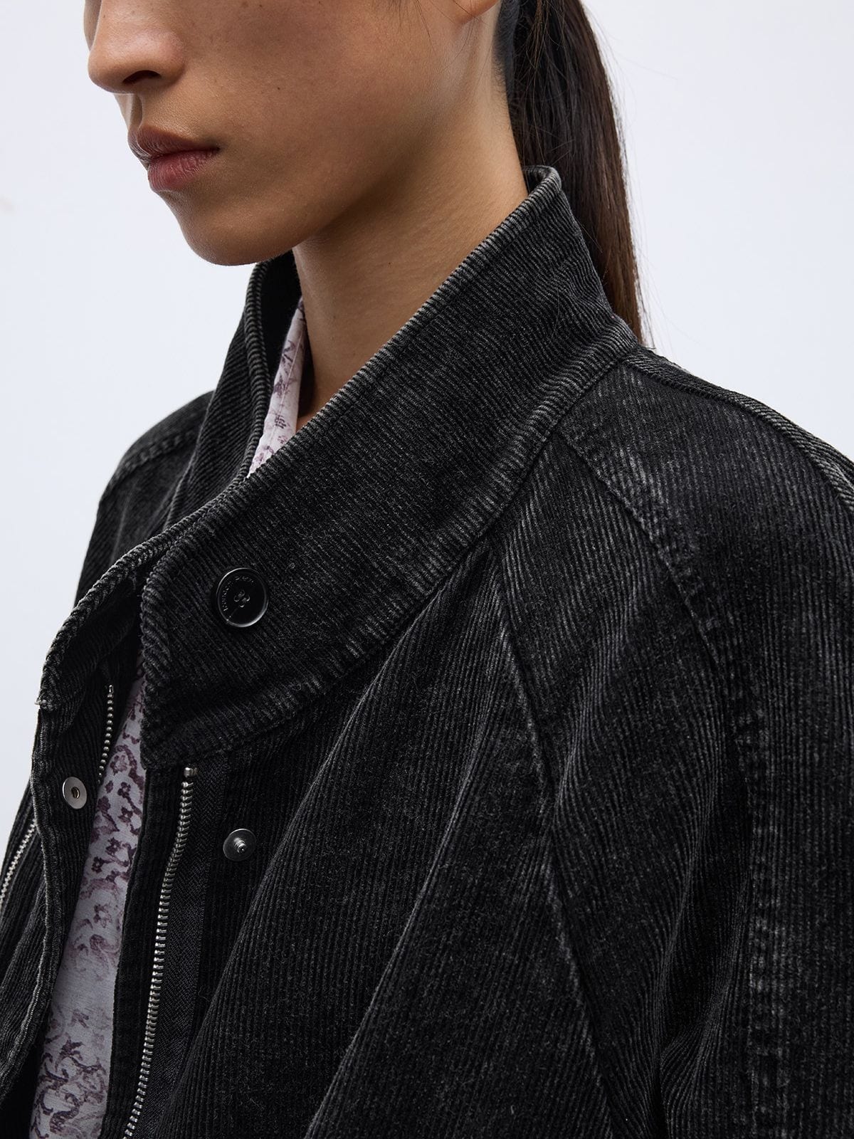 Random Piece Distressed Corduroy Cropped Jacket in Black - On Female Model