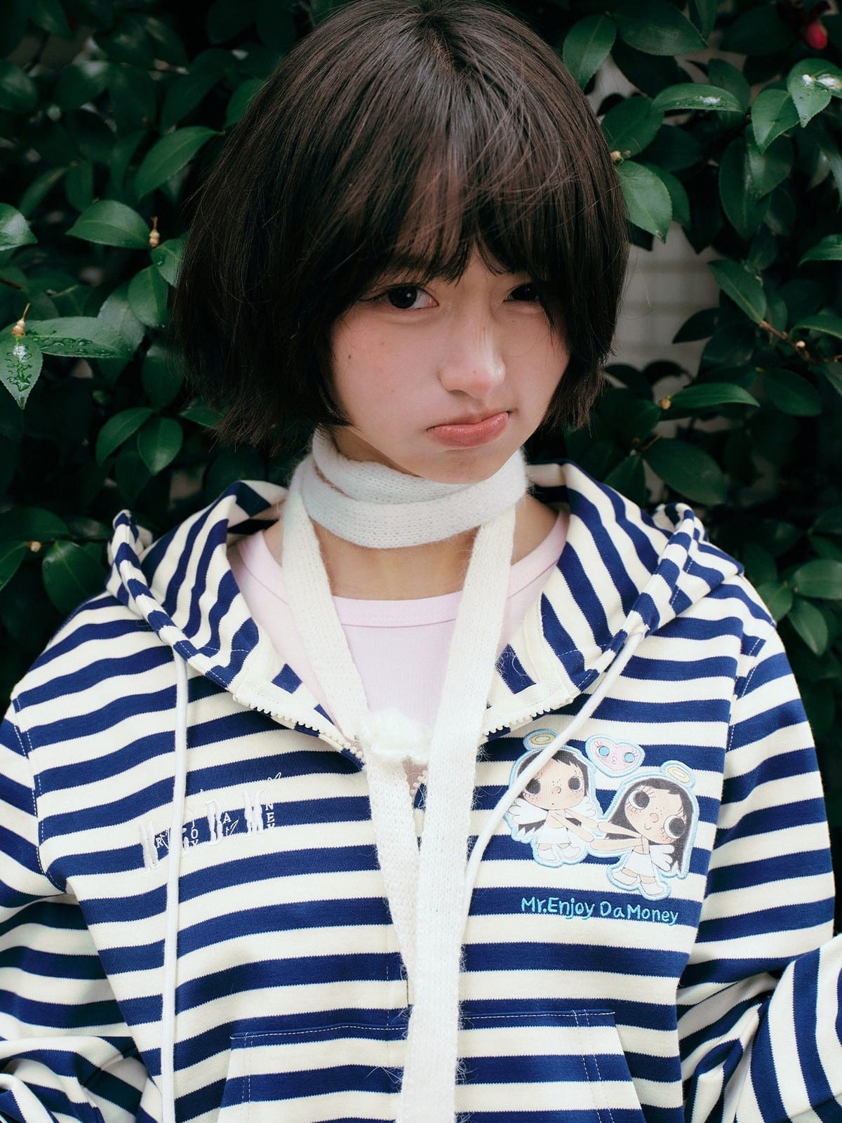 MEDM Cropped Striped Applique Zip Hoodie in Navy Blue - On Female Model