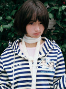MEDM Cropped Striped Applique Zip Hoodie in Navy Blue - On Female Model