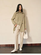 TEASEL Worsted Wool Mock Neck Cardigan in Beige - On Female Model