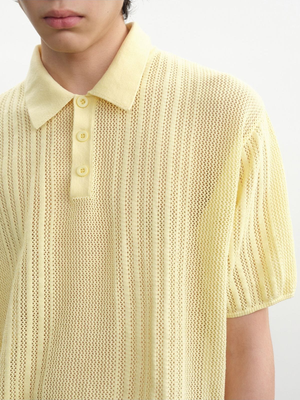 JCAESAR STUDIO Pointelle Ribbed Cotton Polo in Yellow - On Male Model