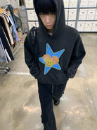NeverSeez Star Patchwork Raw Edge Hoodie in Gray - On Male Model