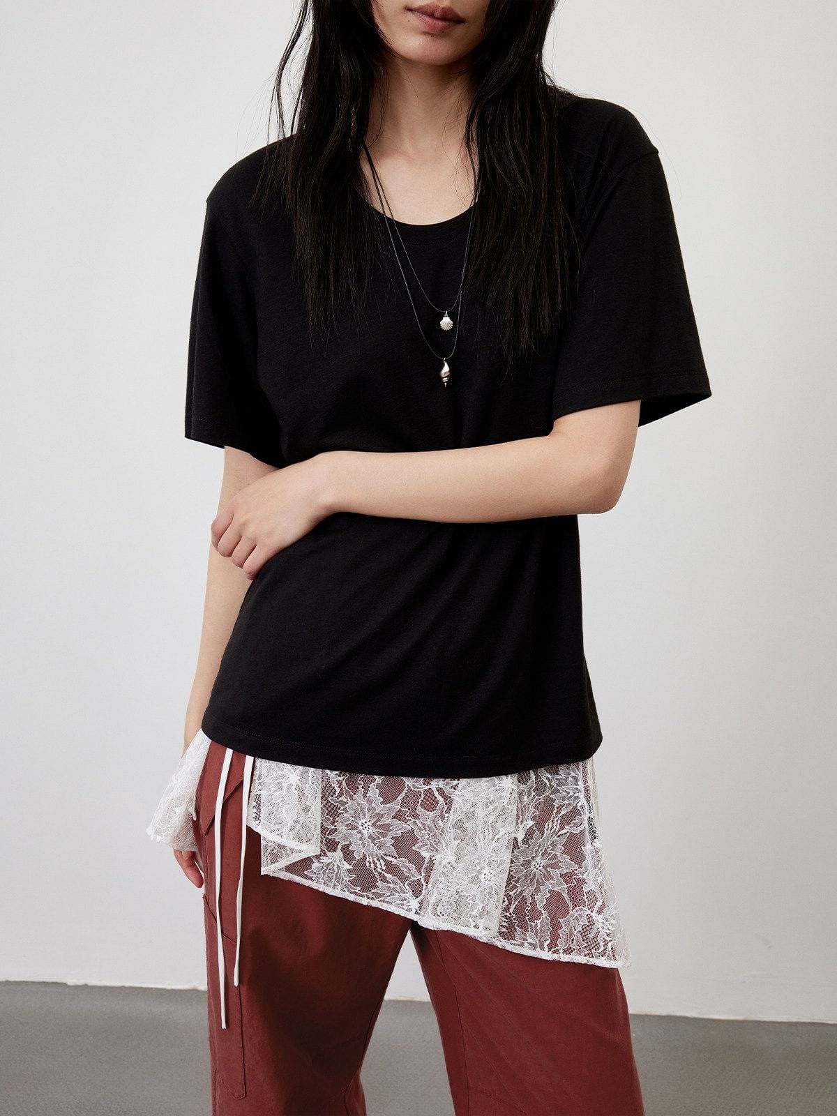 Random Piece Linen Blend U Neck T Shirt in Black - On Female Model