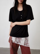 Random Piece Linen Blend U Neck T Shirt in Black - On Female Model