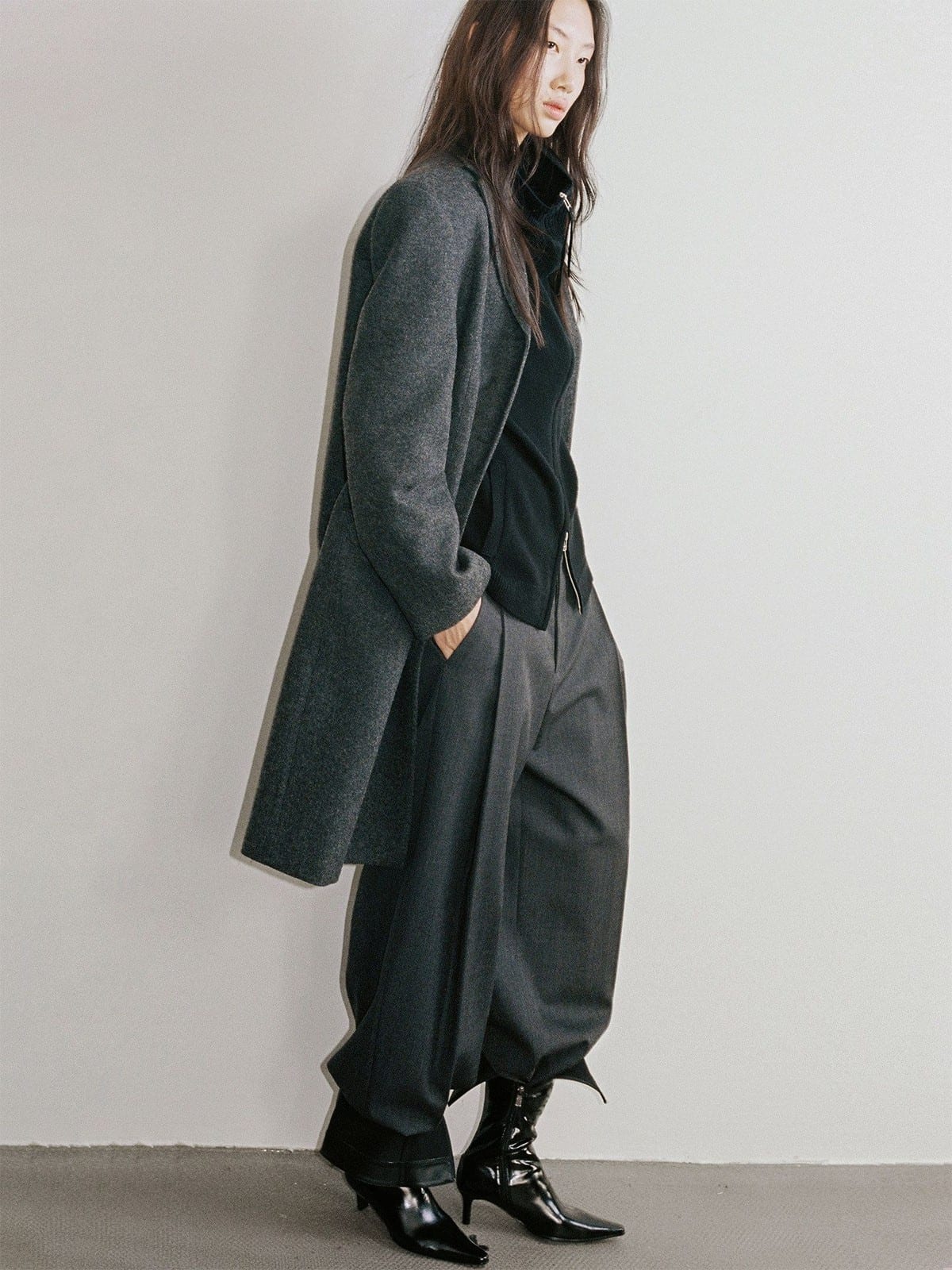 Random Piece Pleated Merino Wool Wide Leg Trousers in Gray - On Female Model