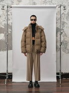 NANS Corduroy Texture Down Puffer Jacket in Beige - On Male Model