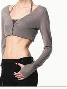 RARELY ALIKE Silk Wool Cropped V Neck Cardigan in Gray - On Female Model