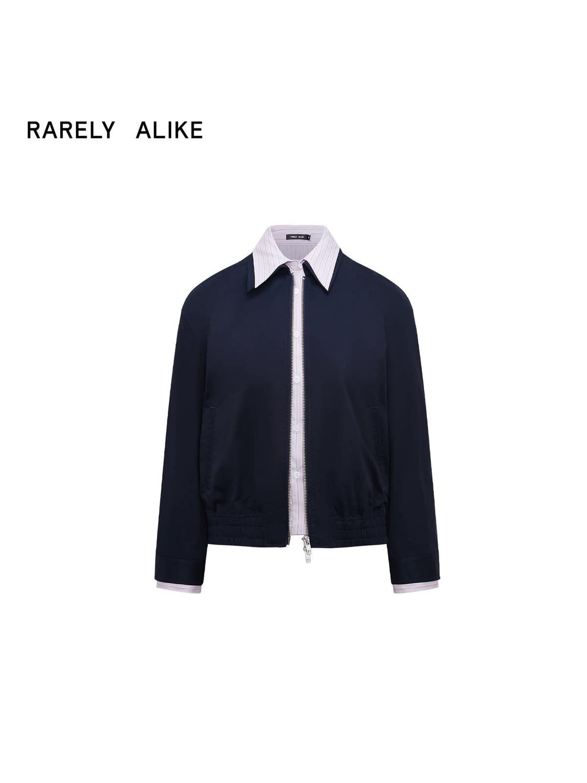 RARELY ALIKE Mock Layer Striped Cropped Jacket in Navy Blue