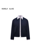 RARELY ALIKE Mock Layer Striped Cropped Jacket in Navy Blue