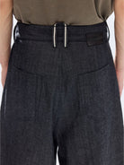 SIMPLE PROJECT Ramie Blend Selvedge Denim Cropped Shorts in Blue - On Model