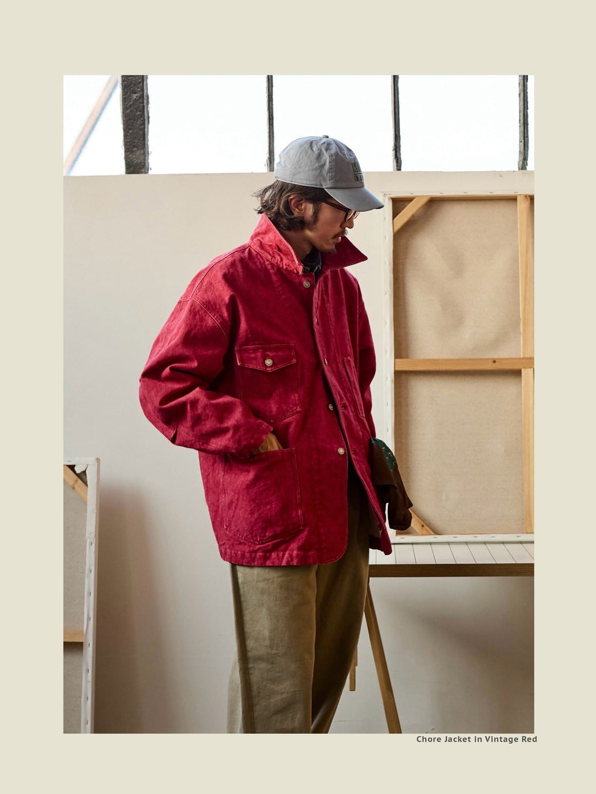 USAGE Washed Heavyweight Cotton Chore Jacket in Red - On Male Model