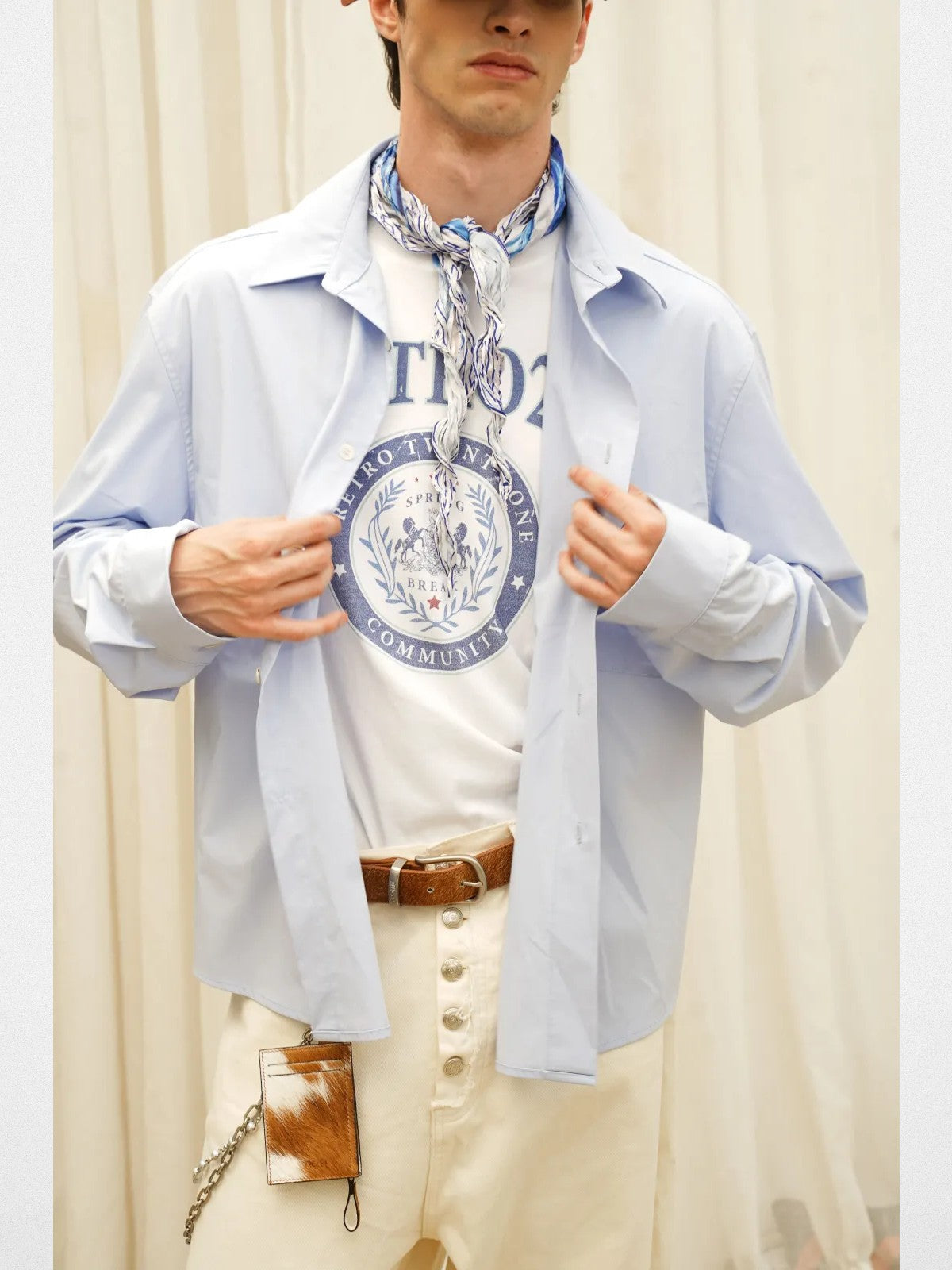 Retro 21 Bamboo Rayon Drop Shoulder Shirt in Sky Blue - On Male Model