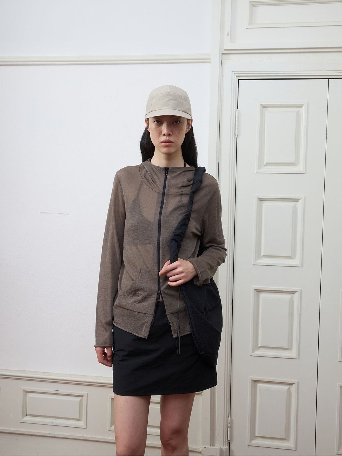 Random Piece Lightweight Merino Hooded Zip Cardigan in Brown - On Female Model