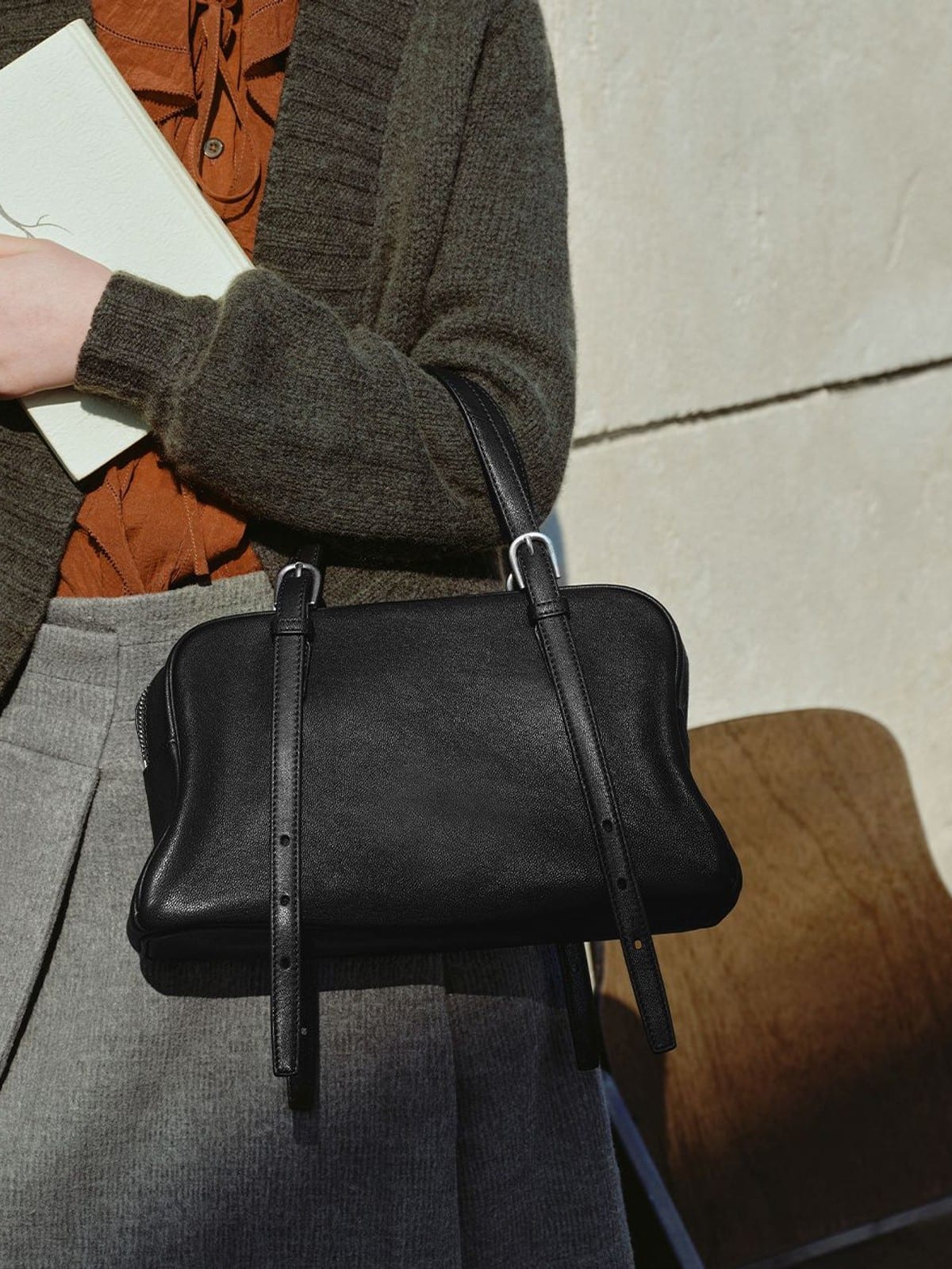 QIUZHEN Vegetable Tanned Kidskin Bowling Bag in Black - On Female Model