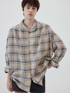 SIMPLE PROJECT Shawl Collar Crinkled Plaid Shirt in Khaki - On Female Model