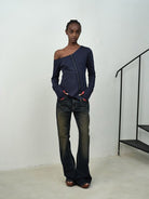 RARELY ALIKE Asymmetric Off Shoulder Sweatshirt in Navy Blue - On Female Model