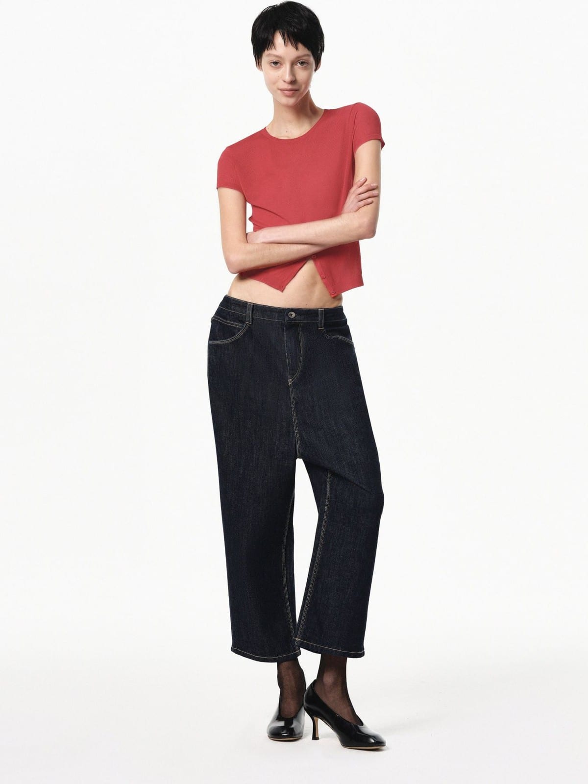 RARELY ALIKE Half Placket Silk Wool Knit Top in Red - On Female Model