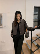 MSBEAST Cropped Sheepskin Leather Shirt Jacket in Brown - On Female Model