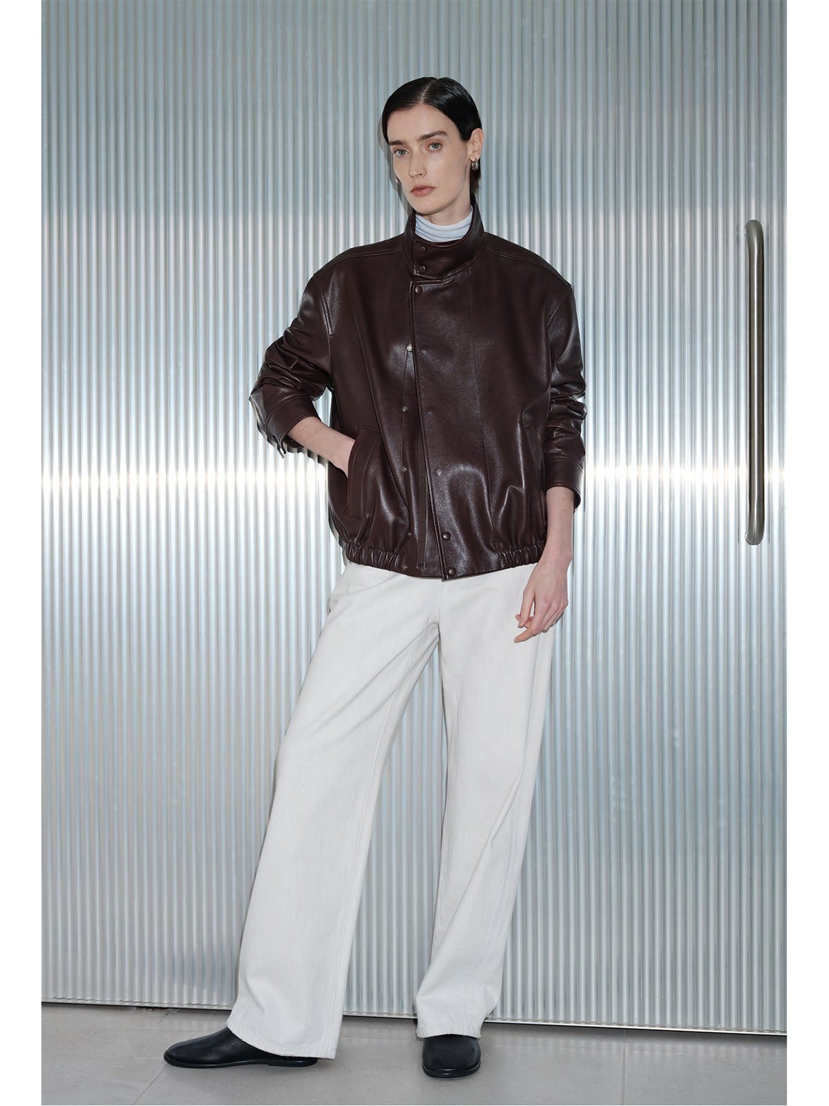 MSBEAST Suede Paneled Sheepskin Jacket in Coffee - On Female Model