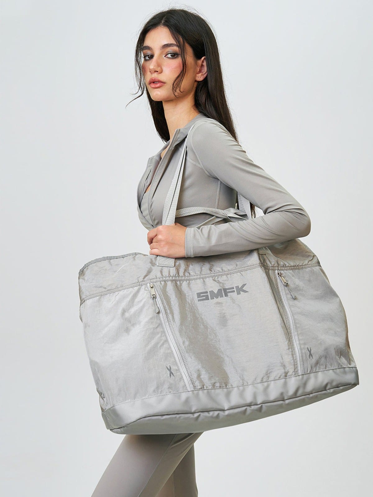SMFK Large Polyamide Fitness Bag in Gray - On Female Model