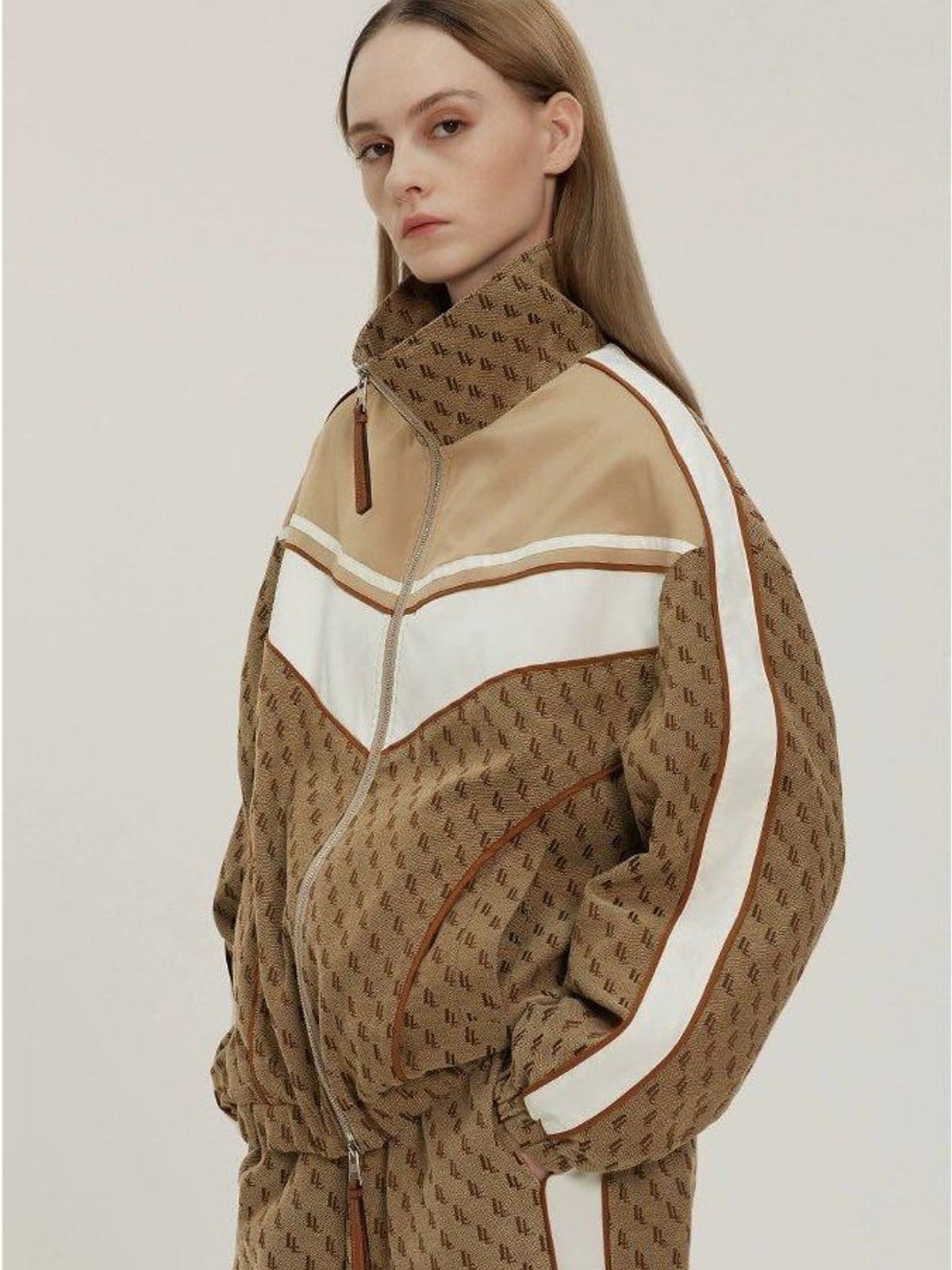 LOSTCTRL Vintage Monogram Track Jacket in Beige - On Female Model