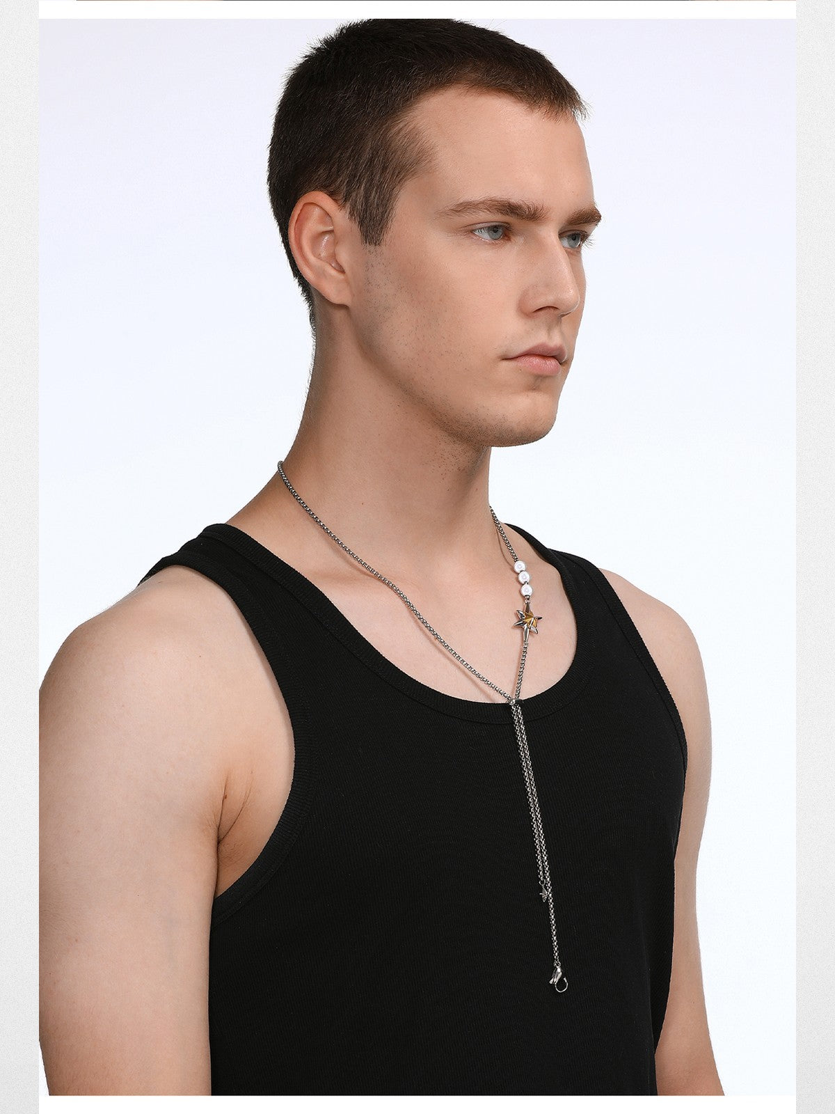 BLACKHEAD Star Pendant Pearl Layered Necklace in Gray - On Male Model