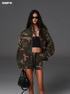 SMFK Camouflage Zip Up Cropped Jacket in Green - On Female Model