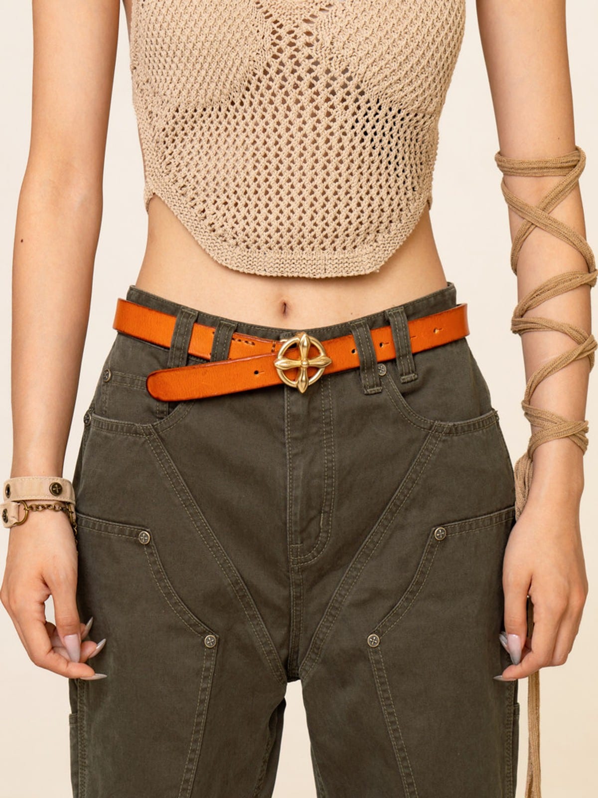 SMFK Cross Totem Hand Burnished Leather Belt in Beige - On Female Model