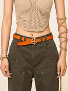 SMFK Cross Totem Hand Burnished Leather Belt in Beige - On Female Model