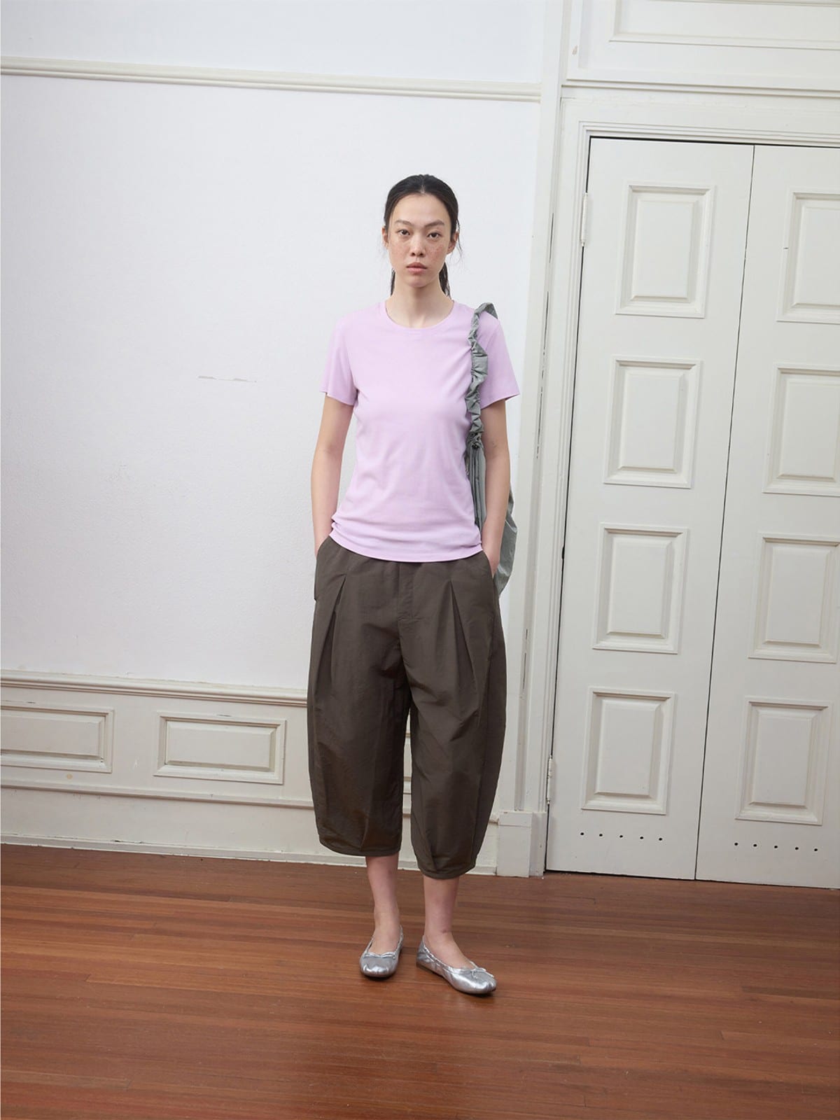 Random Piece Lightweight Cotton Blend Crewneck T Shirt in Lavender - On Female Model