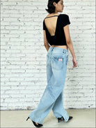 FaxCopyExpress Washed Cotton Gardener Jeans in Blue - On Female Model