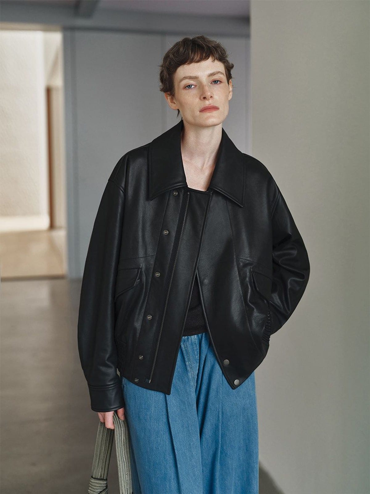 MSBEAST Cow Leather Flight Jacket in Black - On Female Model