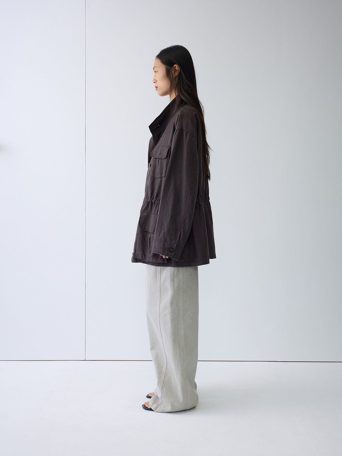 Random Piece Linen Blend Multi Pocket Cargo Jacket in Brown - On Female Model