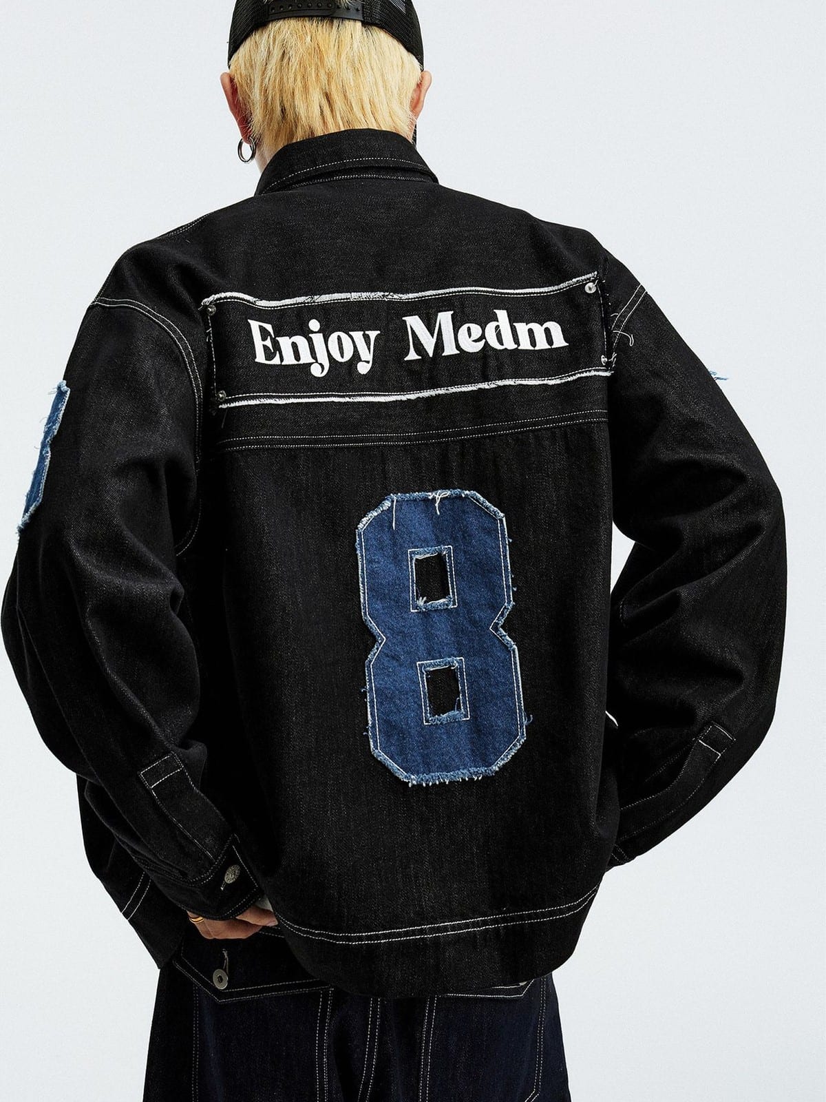 MEDM Lyocell Blend Logo Patch Denim Jacket in Denim - On Model