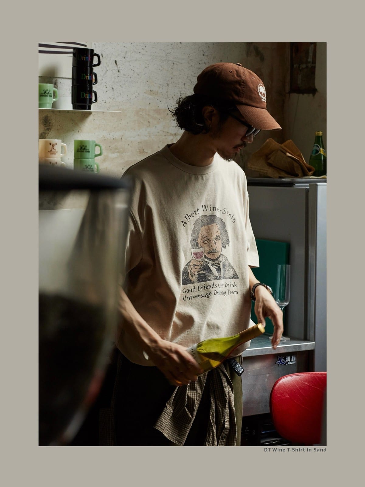 USAGE Vintage Wash Einstein Graphic T Shirt in Beige - On Male Model