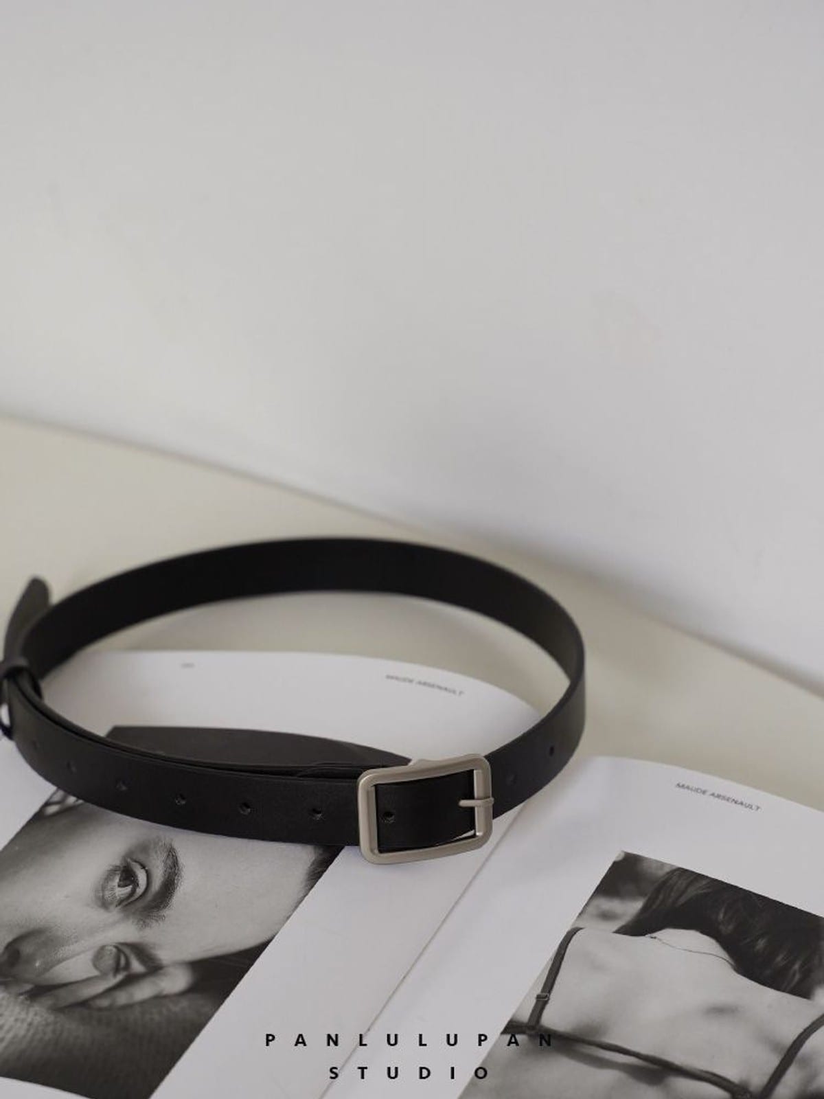 PANLULUPAN Matte Silver Buckle Cowhide Belt in Black - Lifestyle