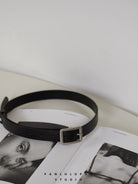 PANLULUPAN Matte Silver Buckle Cowhide Belt in Black - Lifestyle