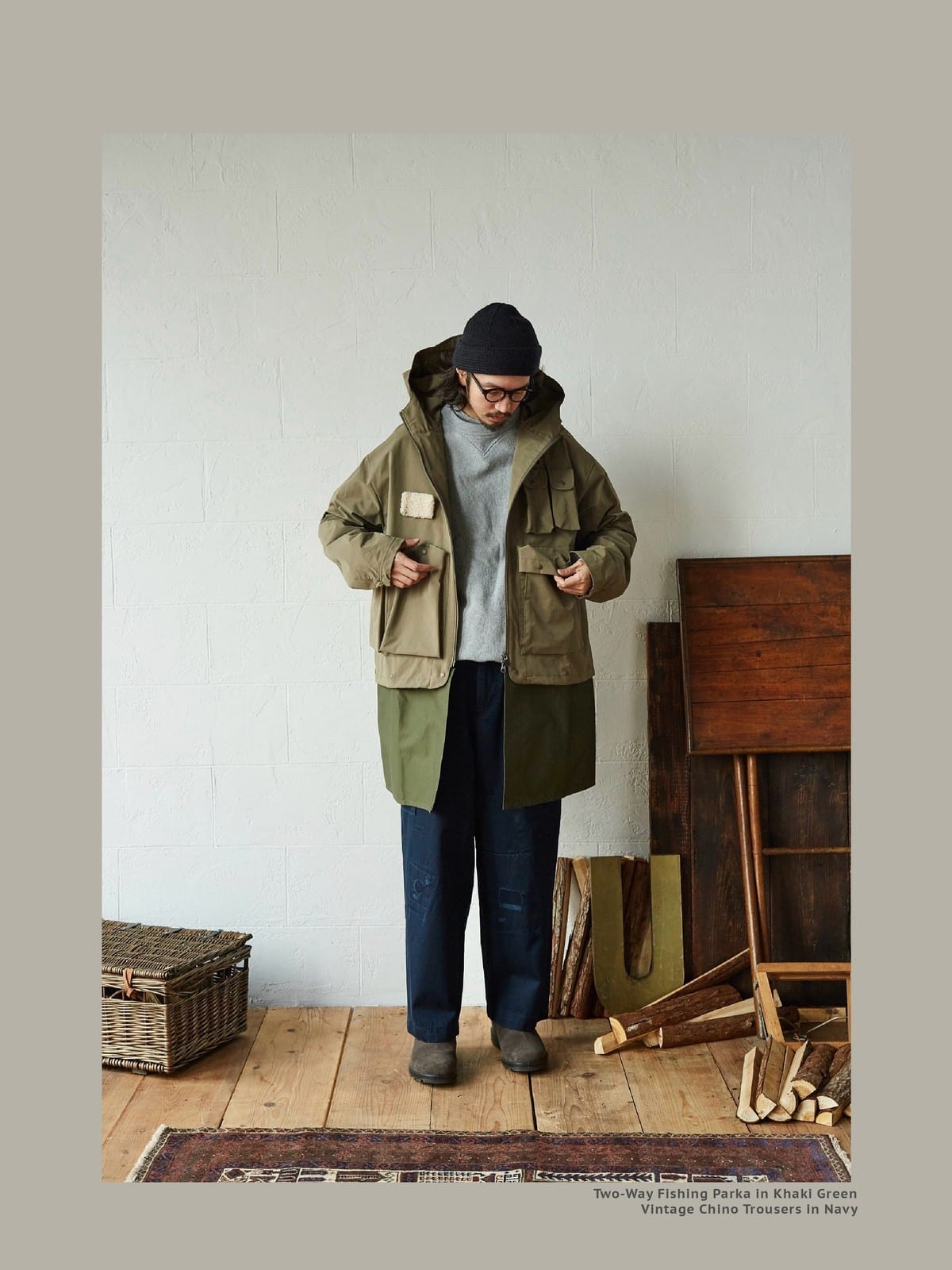 USAGE Hand Distressed Patched Chinos in Navy Blue - On Male Model