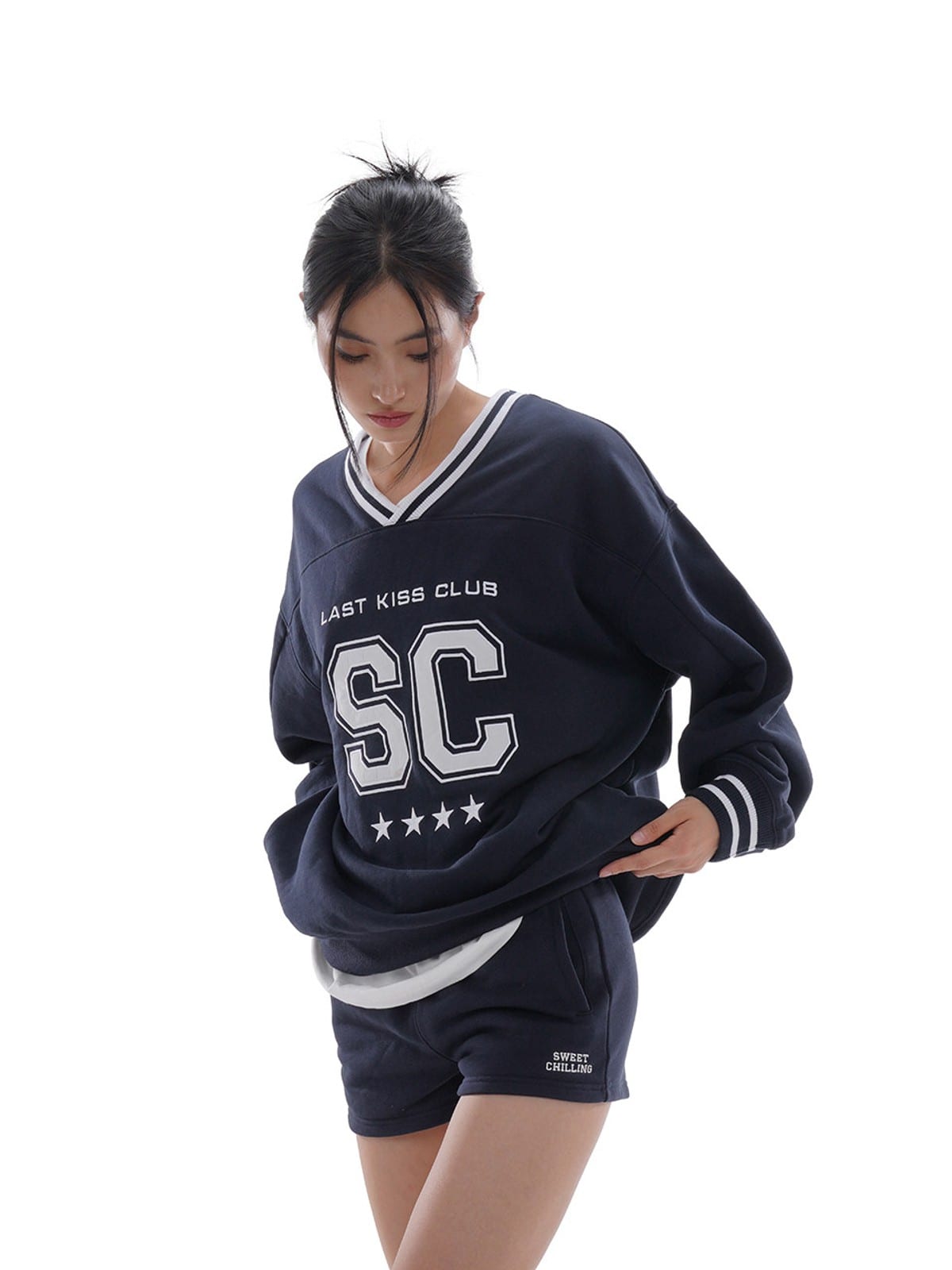 SweetChilling Embroidered V Neck Rugby Sweatshirt in Navy Blue - On Female Model