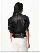 RARELY ALIKE Cropped Faux Leather Button Down Shirt in Black - On Model
