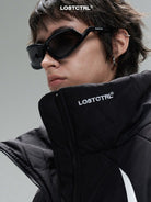 LOSTCTRL Color Block Stripe Puffer Jacket in Black - On Model