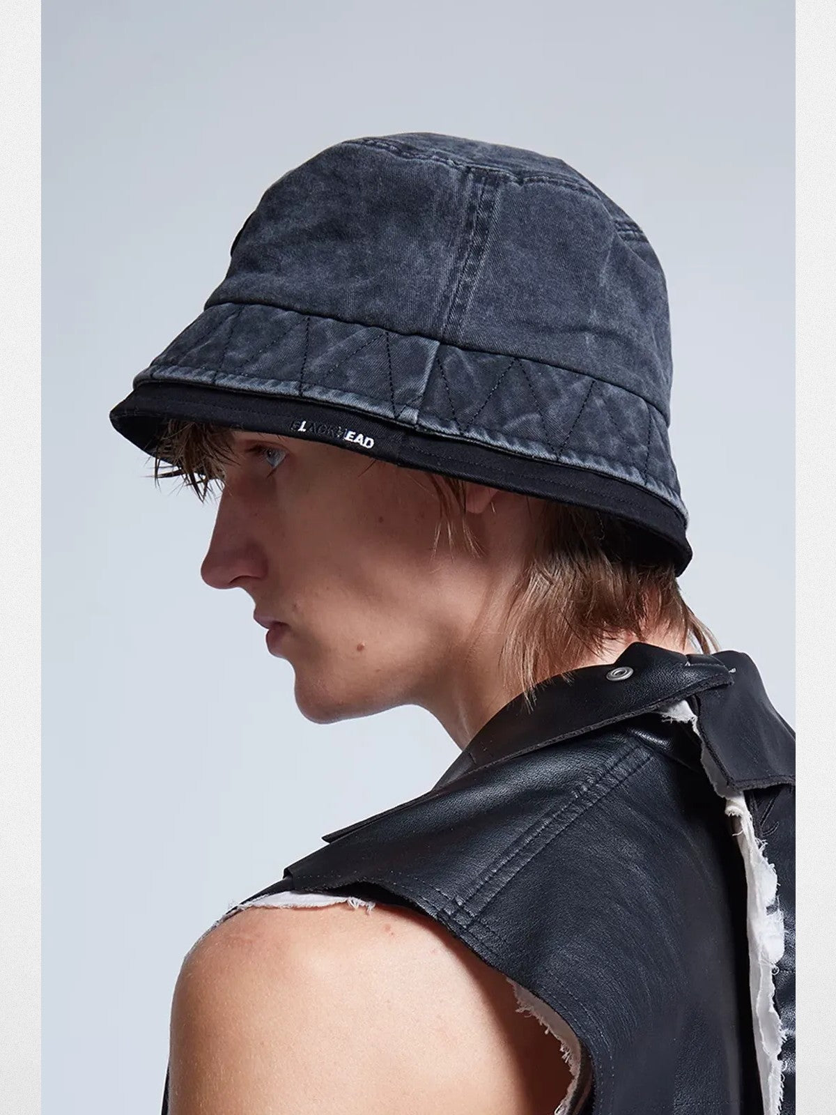BLACKHEAD Washed Cotton Double Brim Bucket Hat in Gray - On Male Model