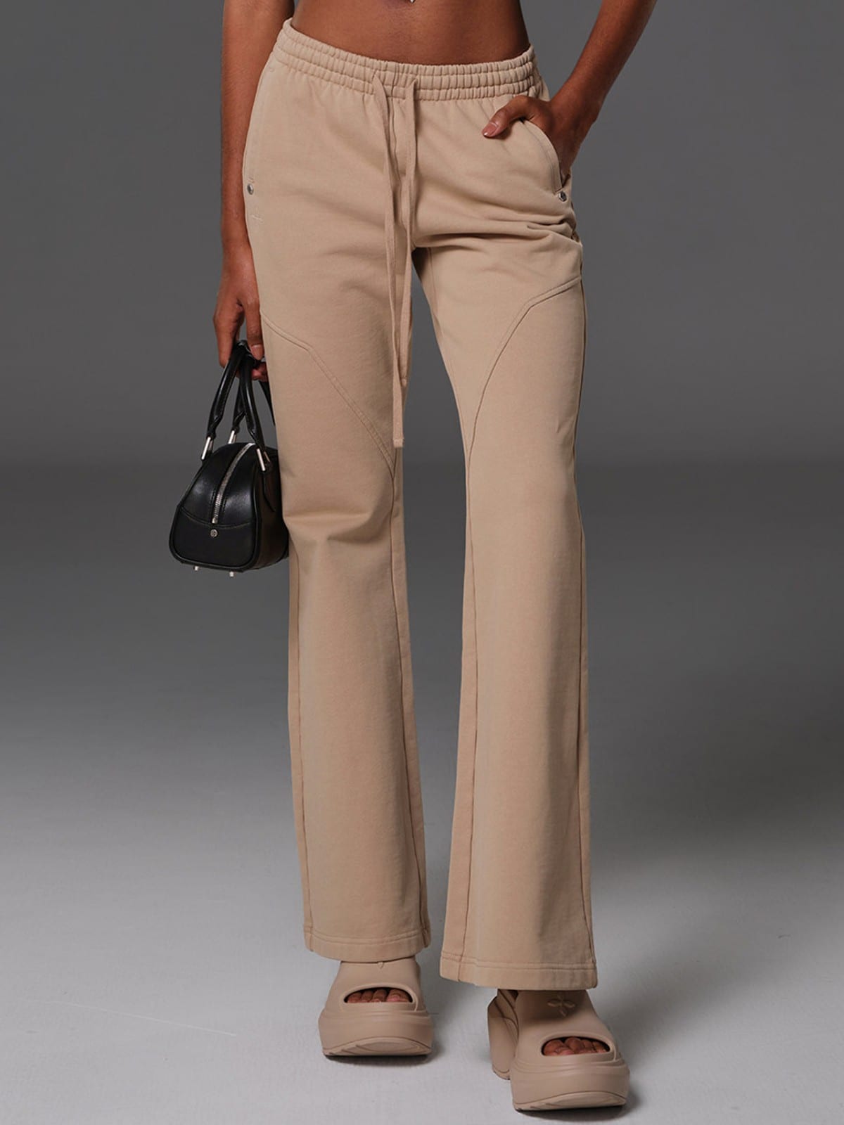 SMFK Cotton Blend Flared Sweatpants in Beige - On Female Model