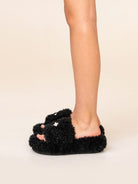SMFK Cross Motif Faux Fur Platform Slides in Black - On Model