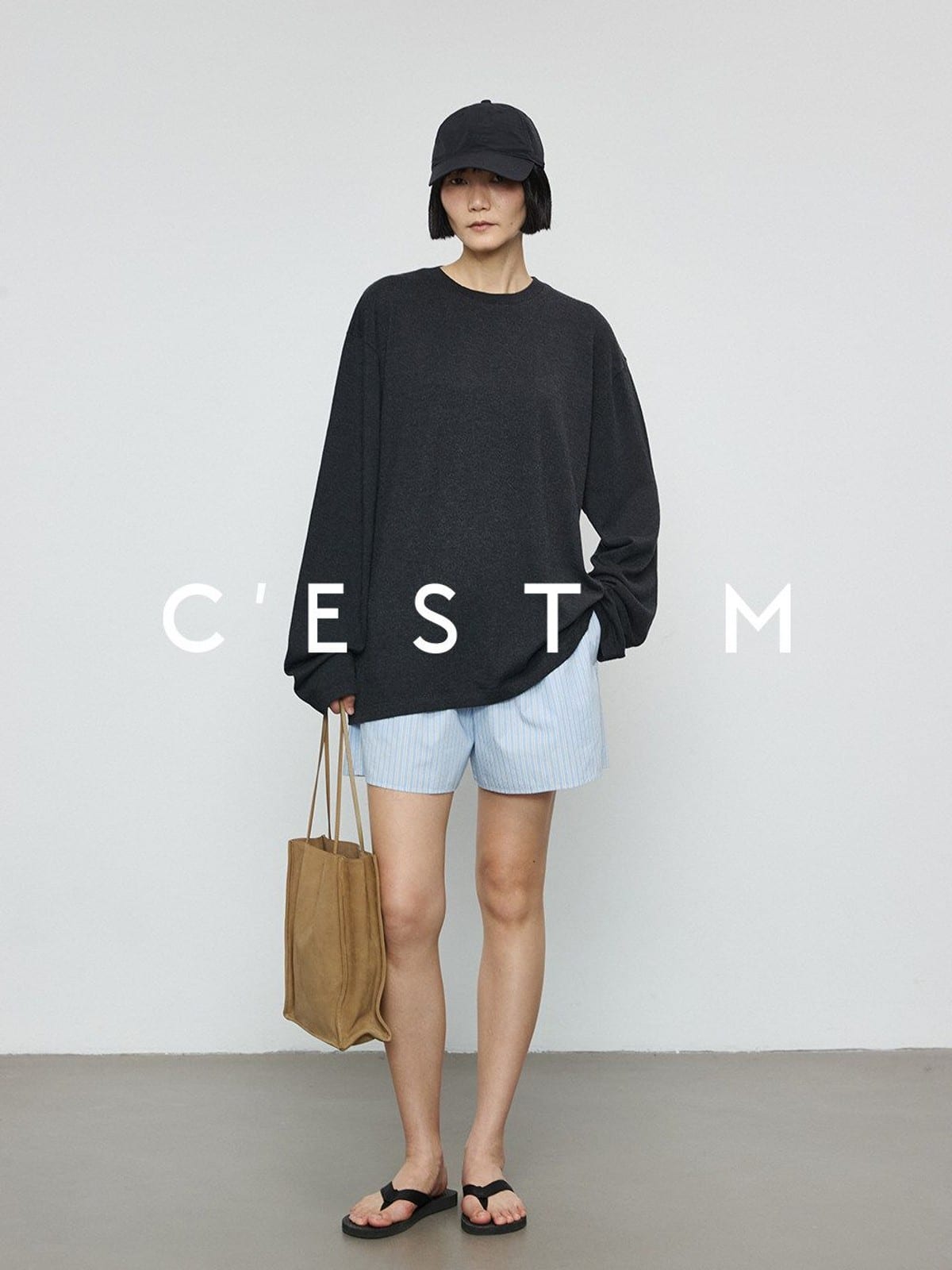 CEST M Striped Organic Pima Cotton Shorts in Sky Blue - On Female Model