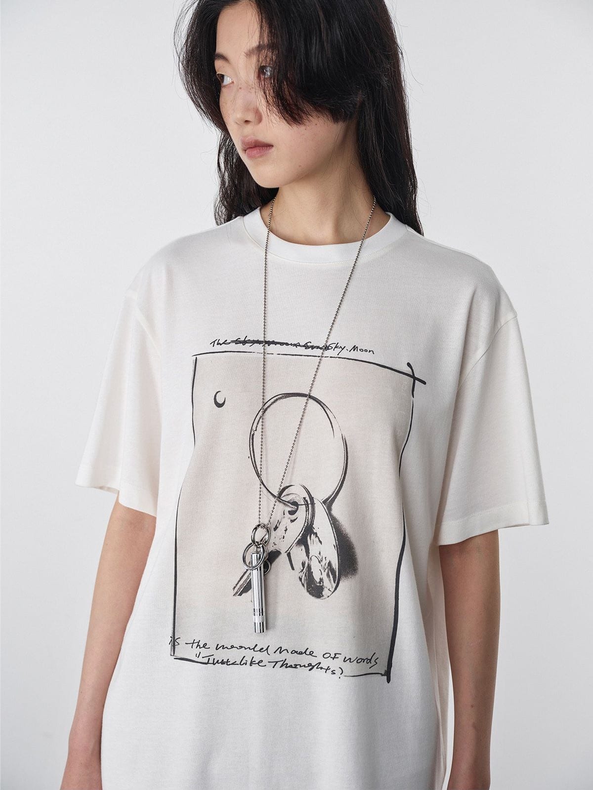 Random Piece Key Graphic Cotton T Shirt in White - On Female Model
